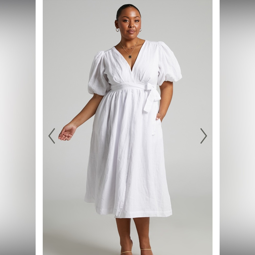 AMALIE THE LABEL - SIZE US 12 - FRANC LINEN PUFF SLEEVE WRAP MIDI DRESS IN WHITE